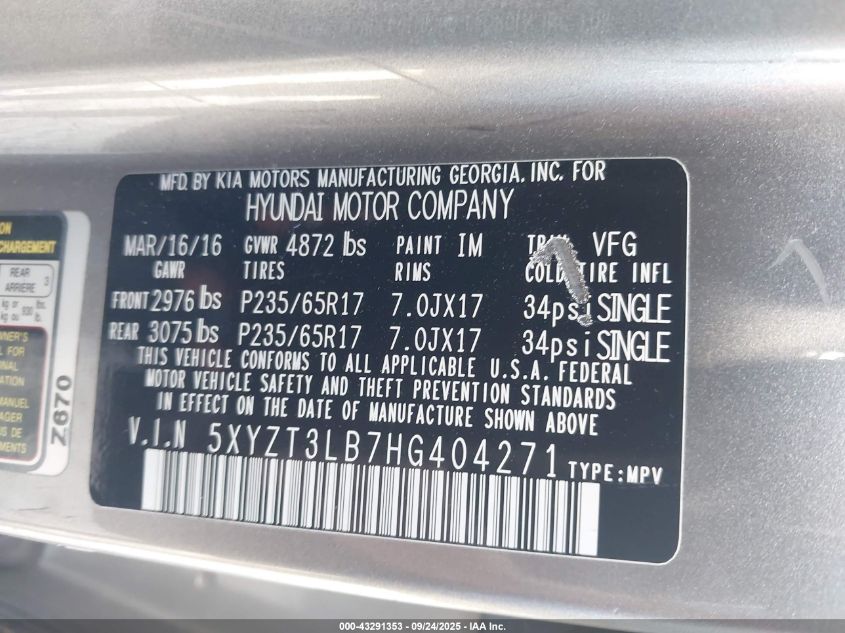 2017 Hyundai Santa Fe Sport 2.4L VIN: 5XYZT3LB7HG404271 Lot: 43291353