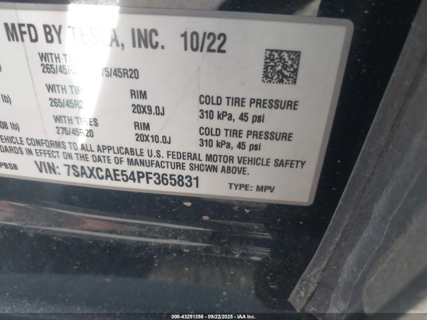 2023 Tesla Model X Dual Motor All-Wheel Drive/Standard Range VIN: 7SAXCAE54PF365831 Lot: 43291356