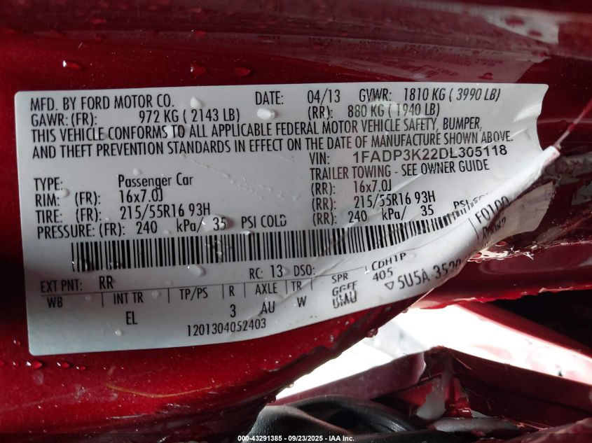 2013 Ford Focus Se VIN: 1FADP3K22DL305118 Lot: 43291385