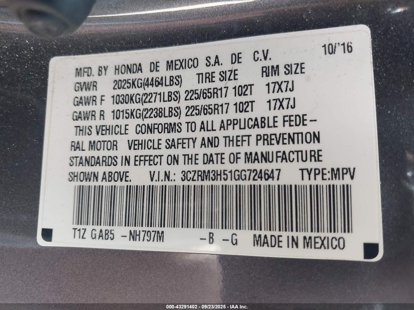 2016 HONDA CR-V EX - 3CZRM3H51GG724647