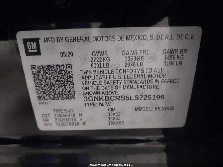 2020 Chevrolet Blazer Fwd 2Lt VIN: 3GNKBCRS5LS725199 Lot: 43291407