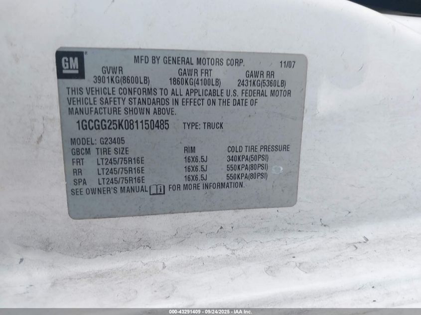 2008 Chevrolet Express Work Van VIN: 1GCGG25K081150485 Lot: 43291409