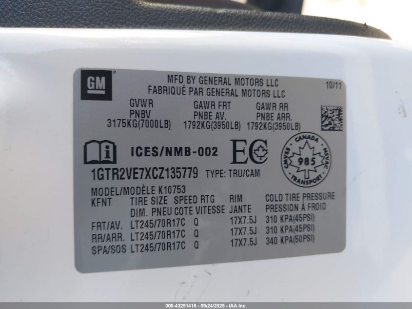 2012 GMC Sierra 1500 Sle VIN: 1GTR2VE7XCZ135779 Lot: 43291416