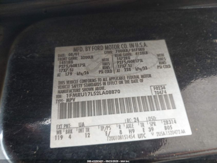 2002 Ford Expedition Eddie Bauer VIN: 1FMRU17L52LA08870 Lot: 43291421