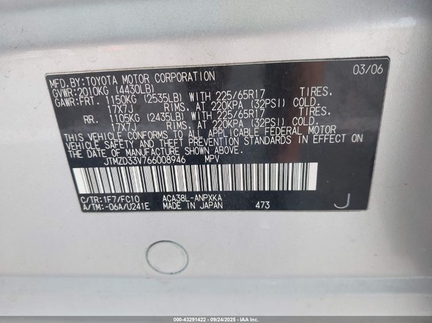 2006 Toyota Rav4 VIN: JTMZD33V766008946 Lot: 43291422