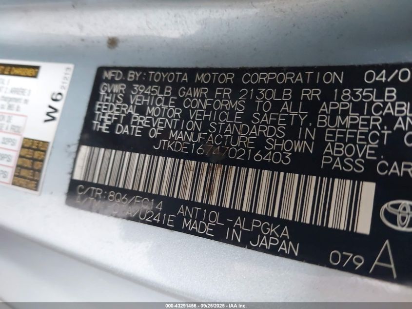 2007 Scion Tc VIN: JTKDE167470216403 Lot: 43291456