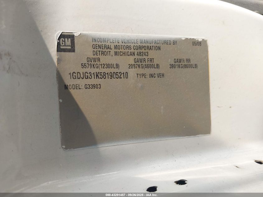 2008 GMC Savana Cutaway Work Van VIN: 1GDJG31K581905210 Lot: 43291457