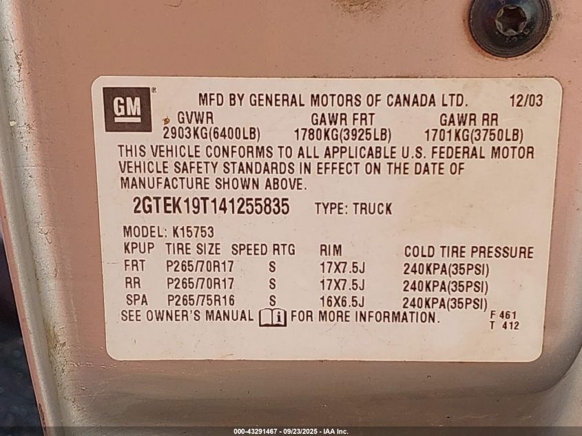 2004 GMC Sierra 1500 Sle VIN: 2GTEK19T141255835 Lot: 43291467