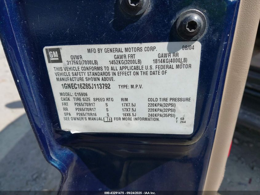 2005 Chevrolet Suburban 1500 Lt VIN: 1GNEC16Z65J113792 Lot: 43291475