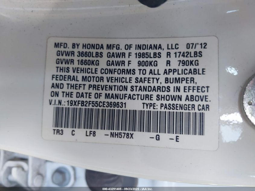 2012 Honda Civic Lx VIN: 19XFB2F55CE369631 Lot: 43291485
