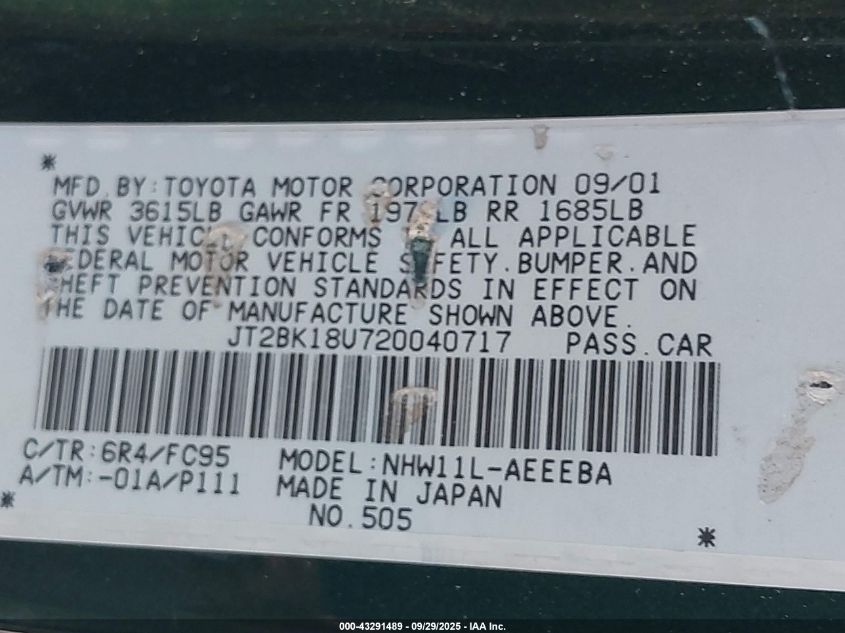 2002 Toyota Prius VIN: JT2BK18U720040717 Lot: 43291489