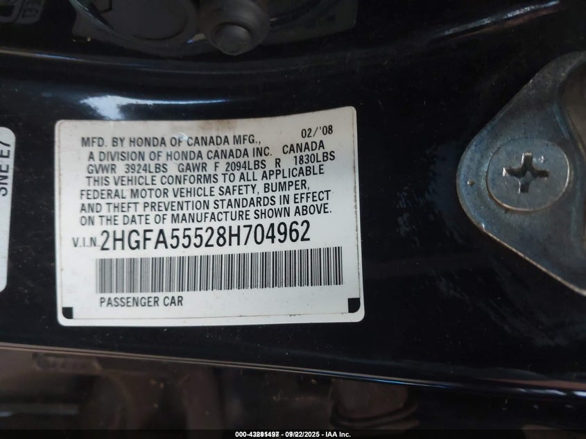 2HGFA55528H704962 2008 HONDA CIVIC photo no. 9