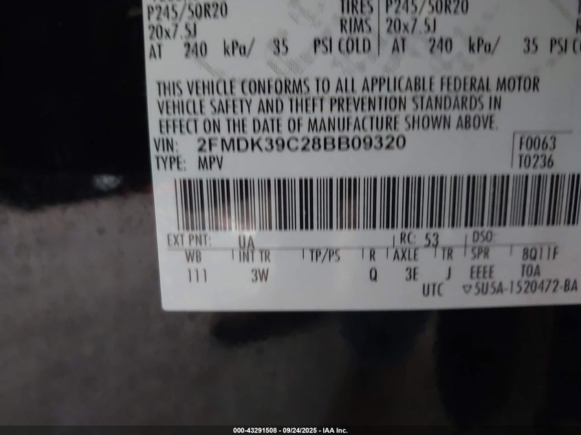 2008 Ford Edge Limited VIN: 2FMDK39C28BB09320 Lot: 43291508