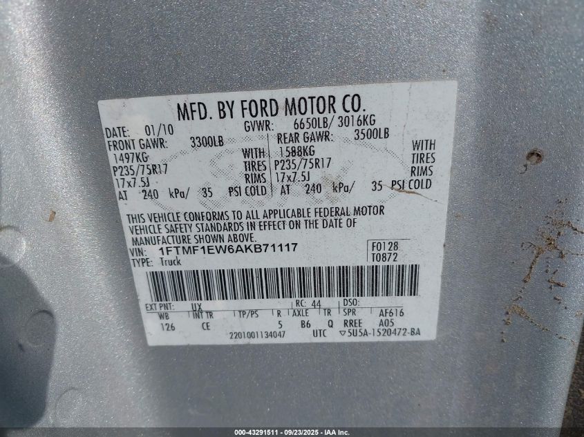 2010 Ford F-150 Stx/Xl/Xlt VIN: 1FTMF1EW6AKB71117 Lot: 43291511