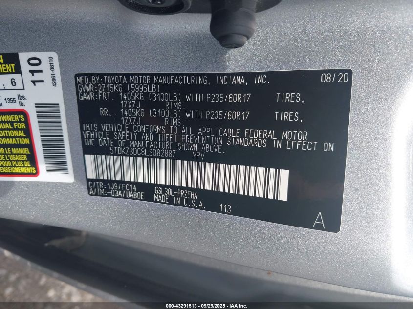 2020 Toyota Sienna Le VIN: 5TDKZ3DC8LS082887 Lot: 43291513