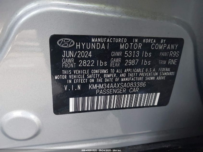 2025 Hyundai Ioniq 6 Sel VIN: KMHM34AAXSA083386 Lot: 43291525