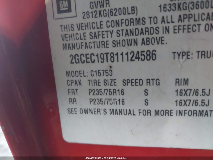 2001 Chevrolet Silverado 1500 Ls VIN: 2GCEC19T811124586 Lot: 43291562