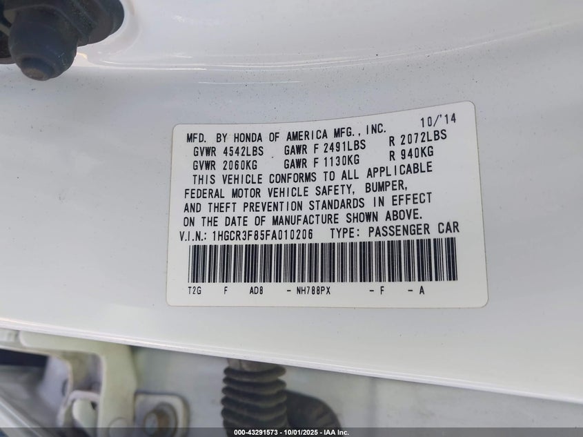 2015 HONDA ACCORD EX-L V-6 - 1HGCR3F85FA010206