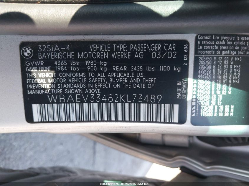 2002 BMW 325I VIN: WBAEV33482KL73489 Lot: 43291575