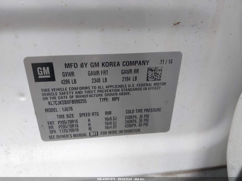 2015 Chevrolet Trax 1Ls VIN: KL7CJKSBXFB090255 Lot: 43291578