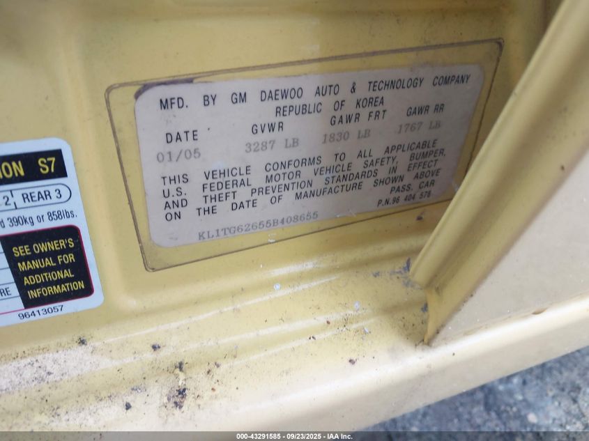 2005 Chevrolet Aveo Lt VIN: KL1TG62655B408655 Lot: 43291585