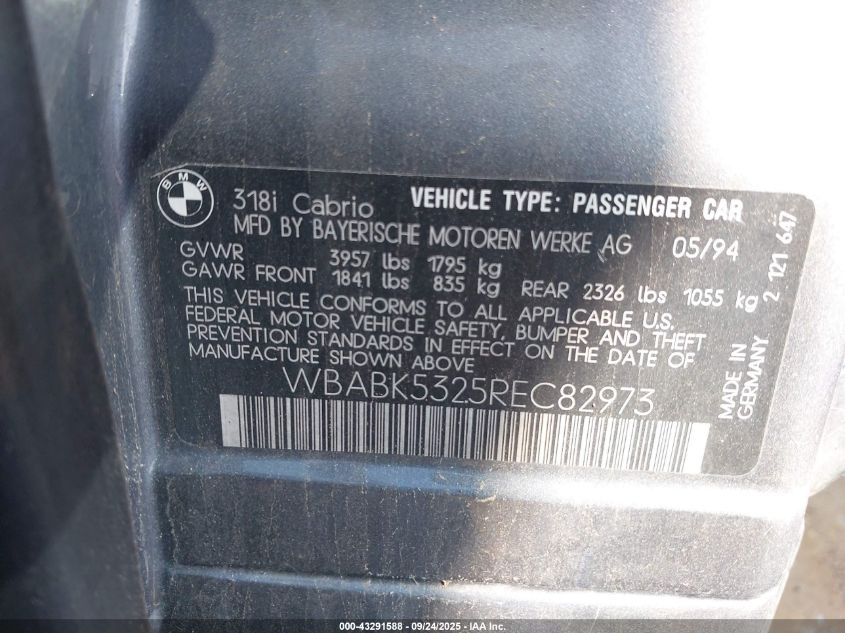 1994 BMW 318 Ic VIN: WBABK5325REC82973 Lot: 43291588