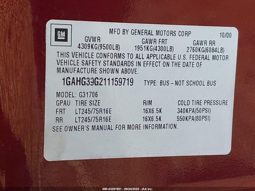 2001 Chevrolet Express VIN: 1GAHG39G211159719 Lot: 43291591