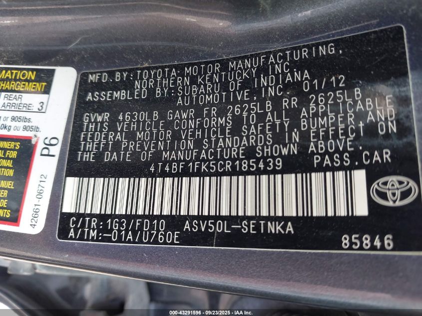 2012 Toyota Camry Le VIN: 4T4BF1FK5CR185439 Lot: 43291596