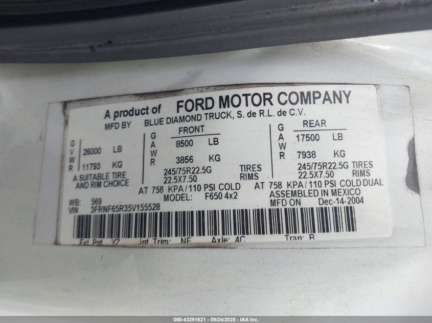 2005 Ford F-650 VIN: 3FRNF65R35V155528 Lot: 43291621