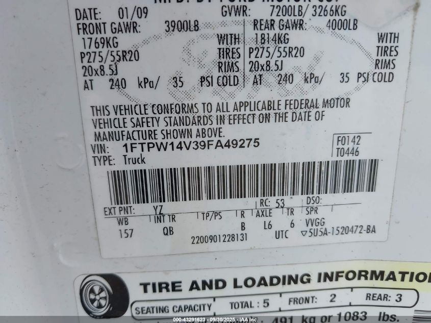 2009 Ford F-150 Fx4 VIN: 1FTPW14V39FA49275 Lot: 43291623