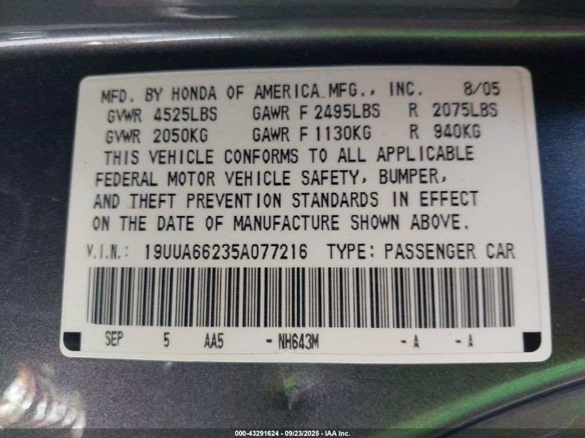 2005 Acura Tl VIN: 19UUA66235A077216 Lot: 43291624