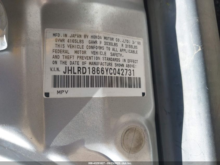 2000 Honda Cr-V Ex VIN: JHLRD1866YC042731 Lot: 43291627