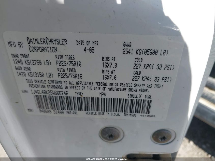 2005 Jeep Liberty Sport VIN: 1J4GL48K25W666746 Lot: 43291630