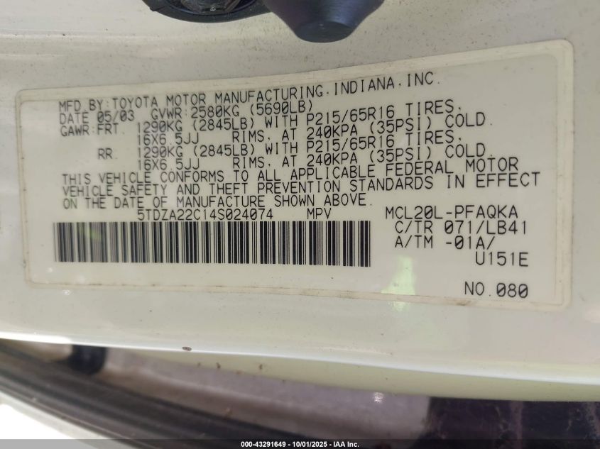 2004 Toyota Sienna Xle VIN: 5TDZA22C14S024074 Lot: 43291649