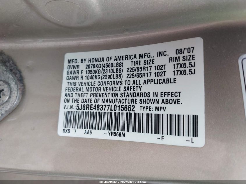 2007 Honda Cr-V Lx VIN: 5J6RE48377L015662 Lot: 43291663