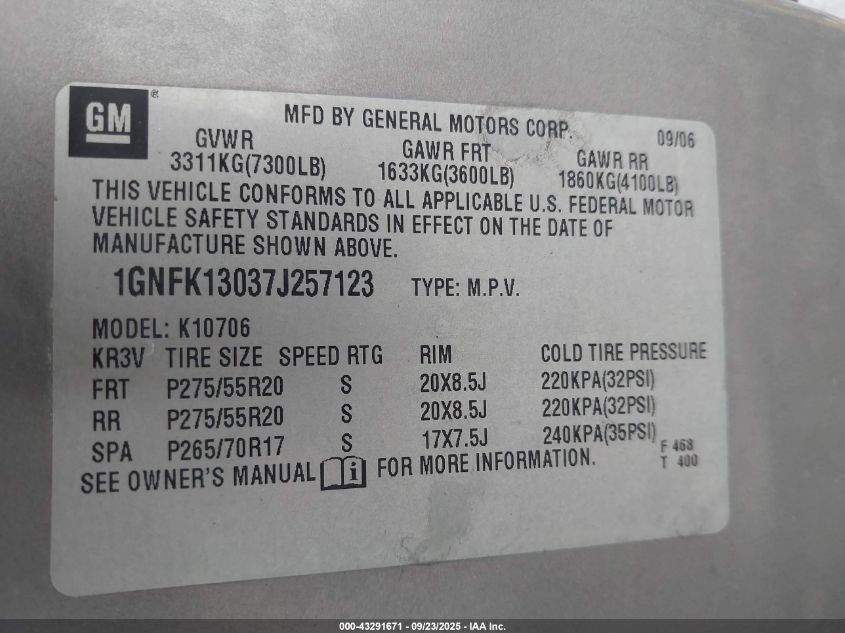 2007 Chevrolet Tahoe Ltz VIN: 1GNFK13037J257123 Lot: 43291671