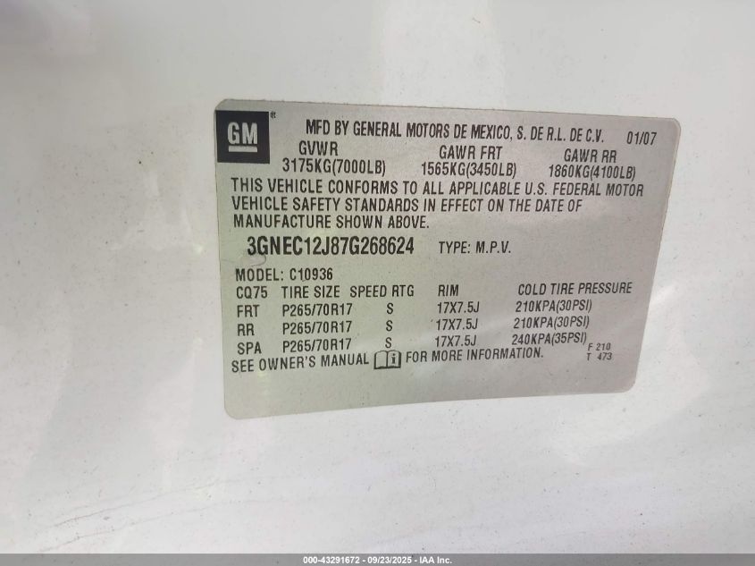 2007 Chevrolet Avalanche 1500 Ls VIN: 3GNEC12J87G268624 Lot: 43291672