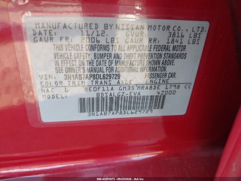 2013 Nissan Sentra Sl VIN: 3N1AB7AP8DL629729 Lot: 43291673