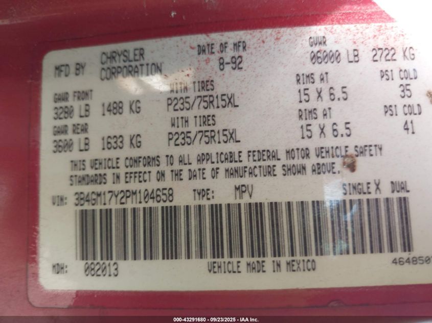 1993 Dodge Ramcharger Aw-150 VIN: 3B4GM17Y2PM104658 Lot: 43291680