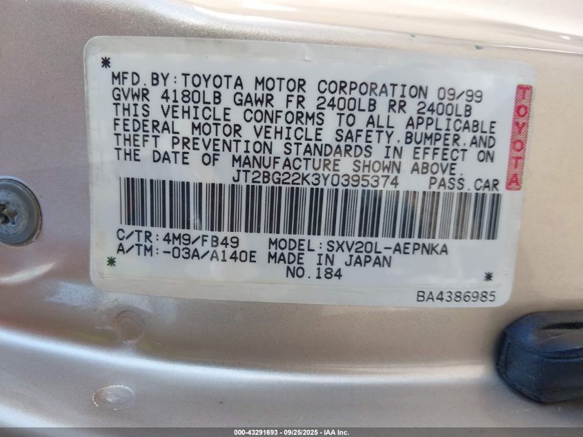 2000 Toyota Camry Le VIN: JT2BG22K3Y0395374 Lot: 43291693