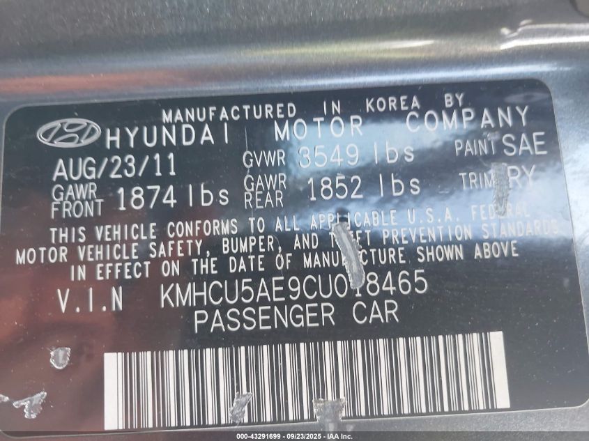 2012 Hyundai Accent Se VIN: KMHCU5AE9CU018465 Lot: 43291699