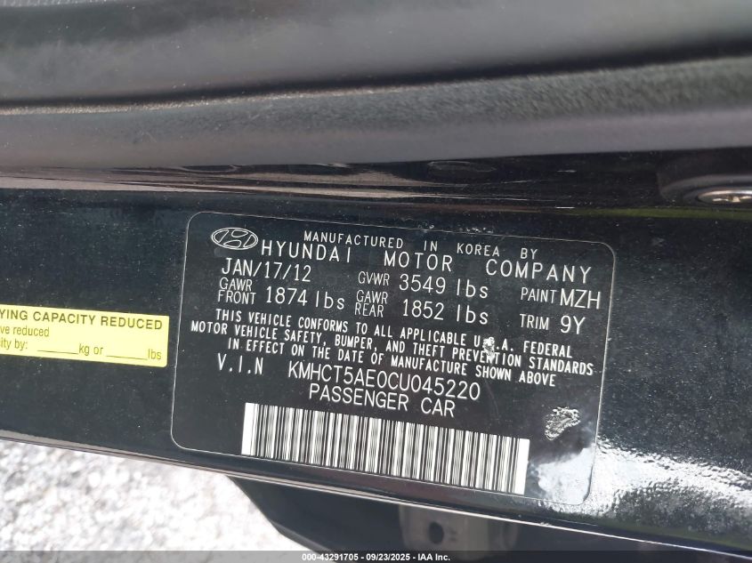 2012 Hyundai Accent Gs VIN: KMHCT5AE0CU045220 Lot: 43291705