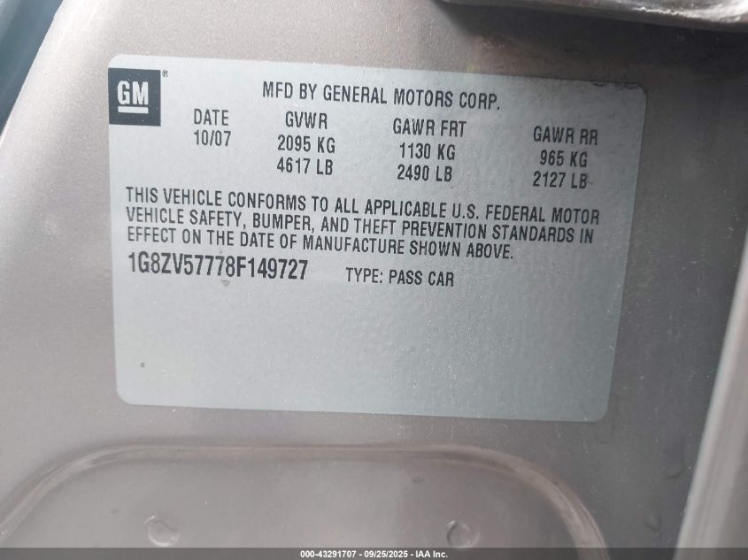 2008 Saturn Aura Xr VIN: 1G8ZV57778F149727 Lot: 43291707