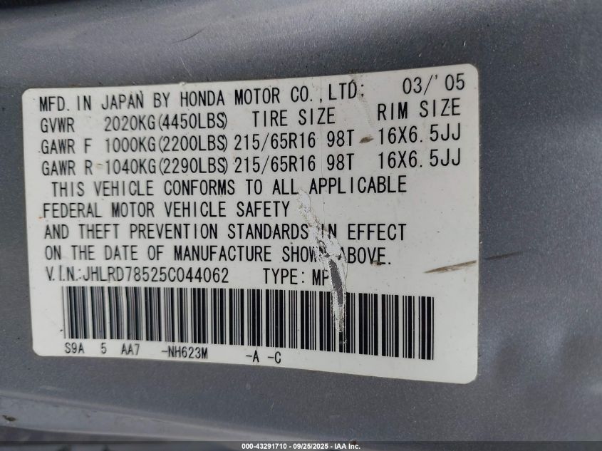 2005 Honda Cr-V Lx VIN: JHLRD78525C044062 Lot: 43291710