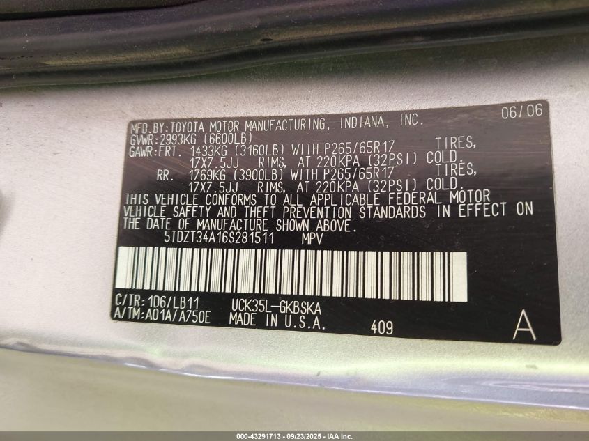 2006 Toyota Sequoia Sr5 V8 VIN: 5TDZT34A16S281511 Lot: 43291713