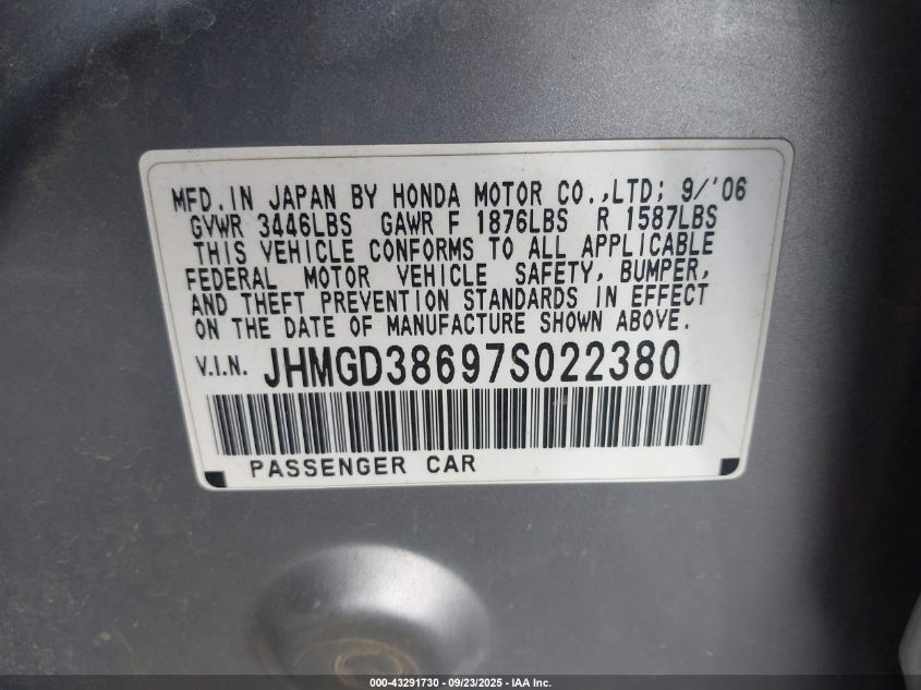 2007 Honda Fit Sport VIN: JHMGD38697S022380 Lot: 43291730