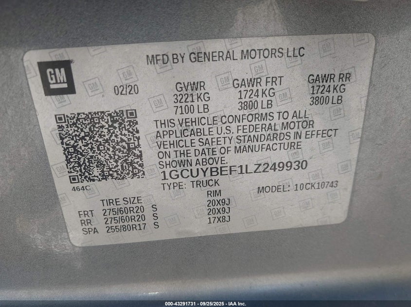 2020 CHEVROLET SILVERADO 1500 4WD  STANDARD BED CUSTOM - 1GCUYBEF1LZ249930