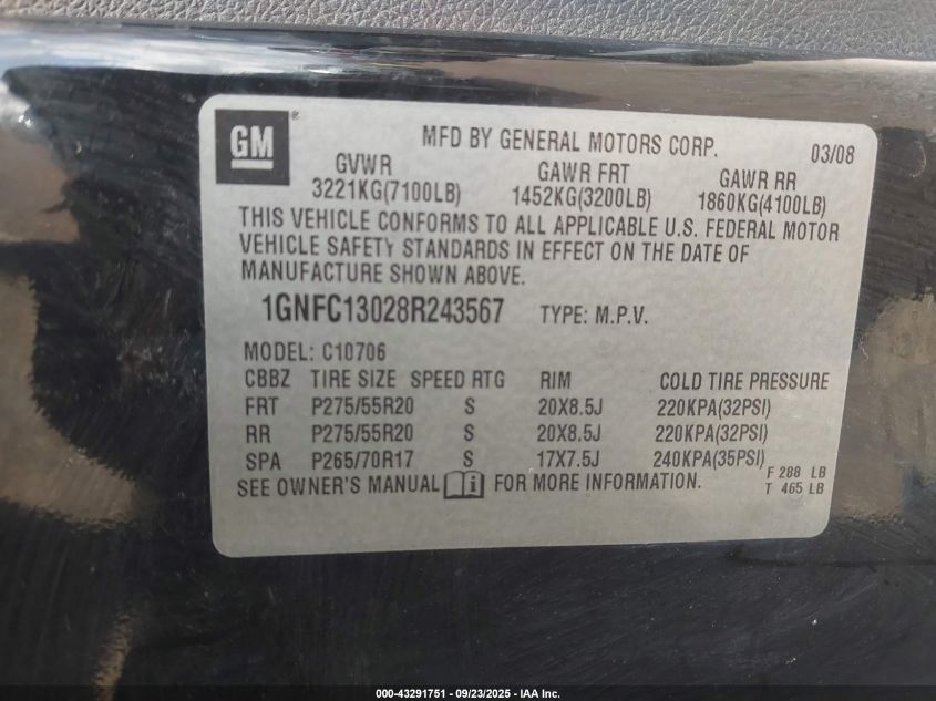 2008 Chevrolet Tahoe Ltz VIN: 1GNFC13028R243567 Lot: 43291751