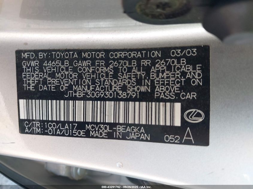 2003 Lexus Es 300 VIN: JTHBF30G930138791 Lot: 43291762