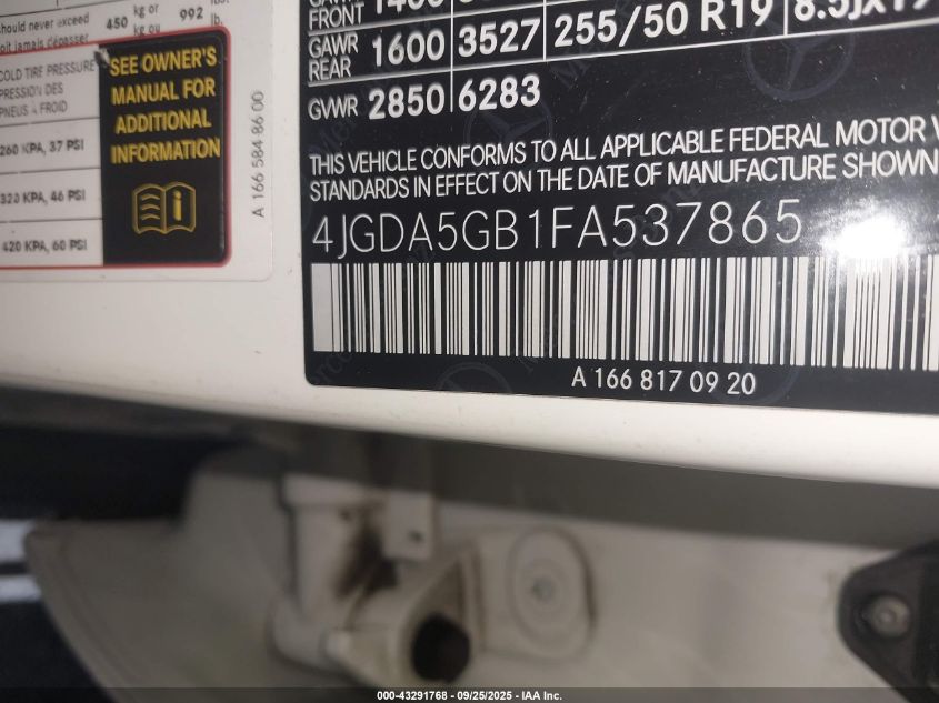 2015 Mercedes-Benz Ml 400 4Matic VIN: 4JGDA5GB1FA537865 Lot: 43291768